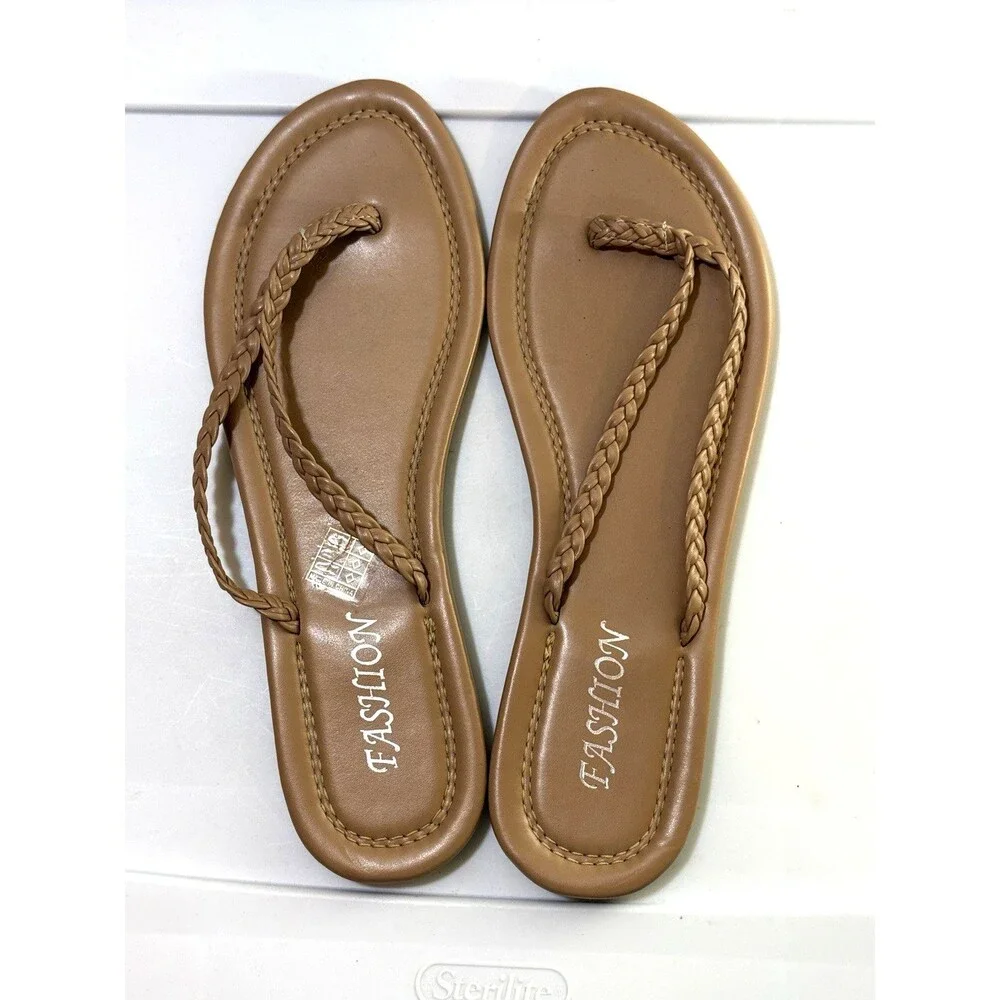 Brown Braided Straps Flat Flip Flops Fashion Sandals Boho Cottagecore Size 11